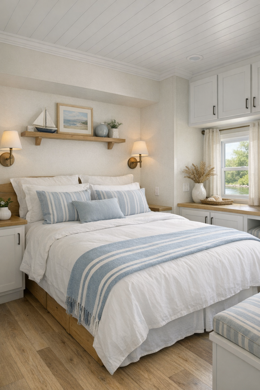 Serene coastal bedroom with crisp bedding, built-ins, and soft blue accents