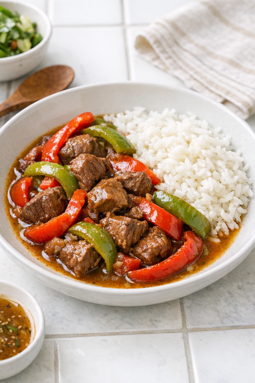 Finished slow cooker beef and bell peppers plated in a shallow bowl