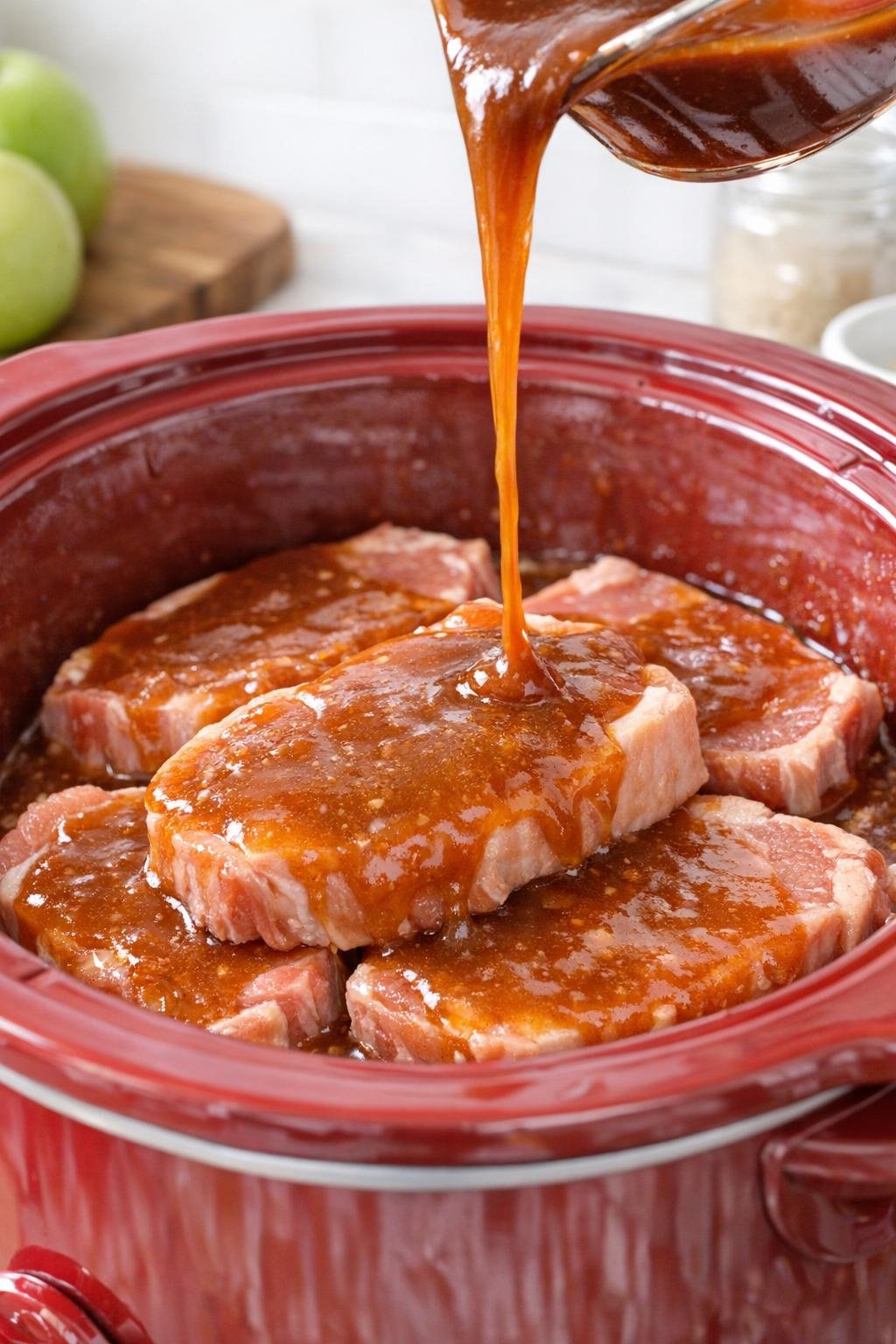 Sauce poured over pork chops in the slow cooker