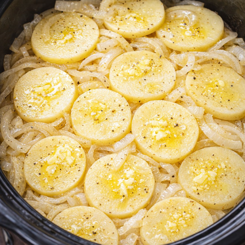Layered potatoes and onions in the slow cooker