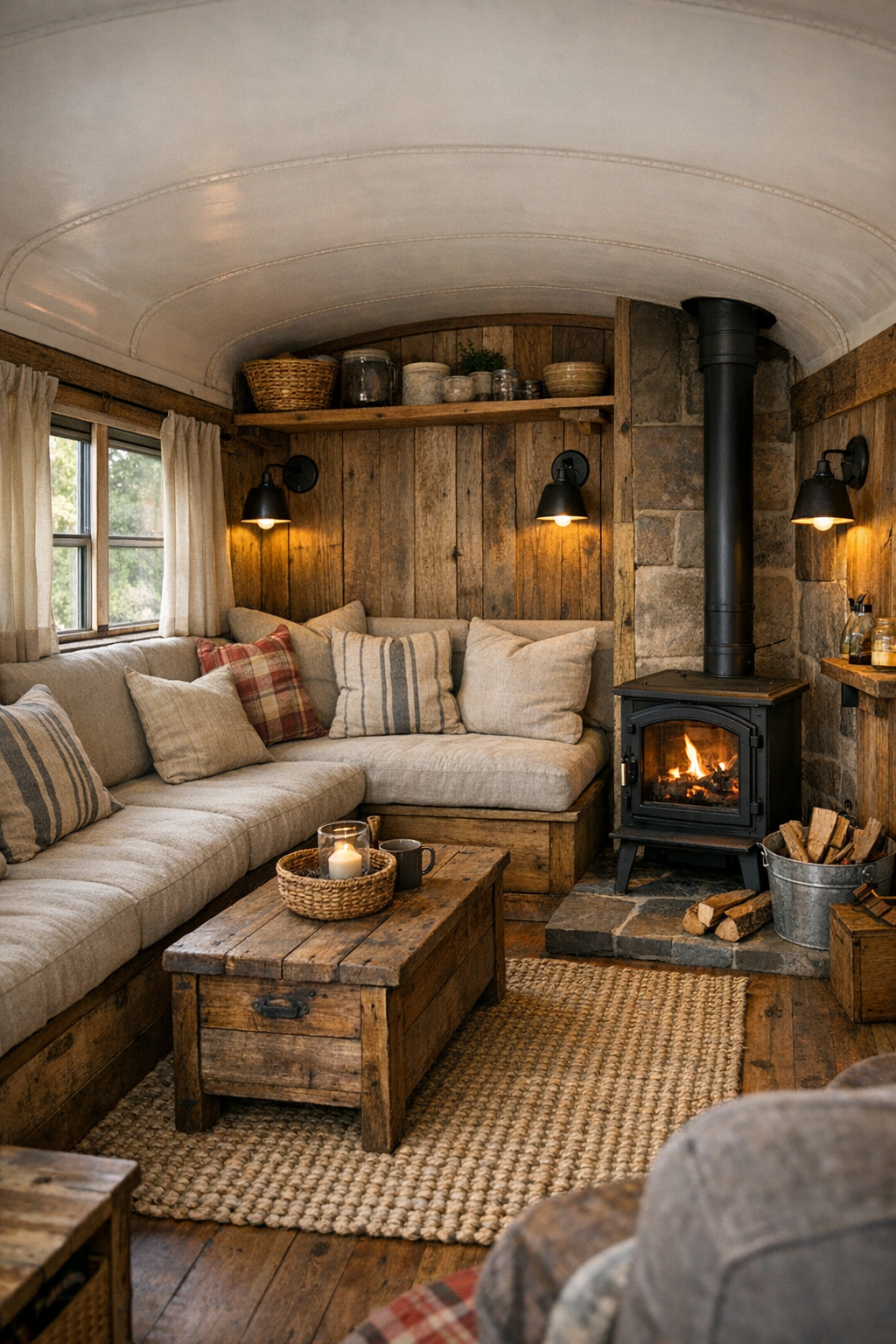 Rustic bus living room with built-in bench sofa, wood paneling, and a small woodstove
