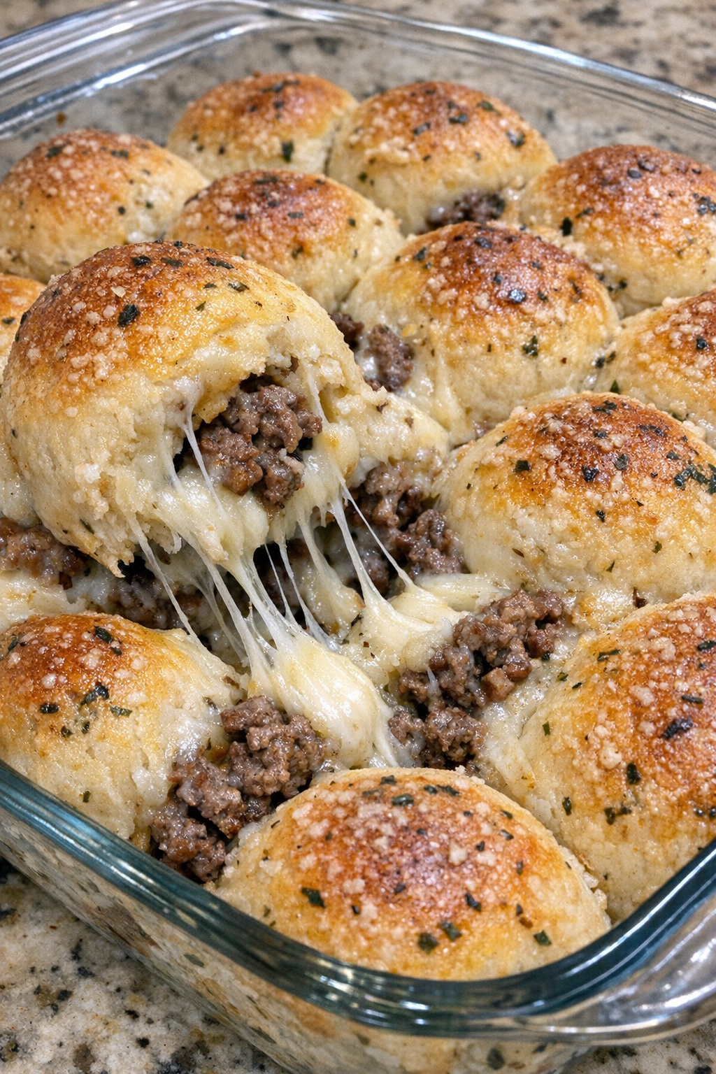 Oven baked 3-ingredient beef pull apart bread in a glass casserole dish