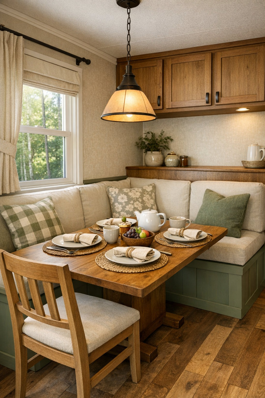 Craftsman-style dining nook with built-in banquette, wood table, and pendant light