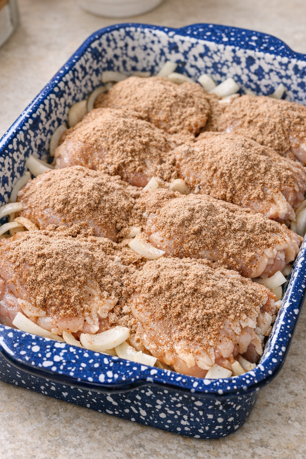 Chicken thighs topped with dry brown gravy mix before baking
