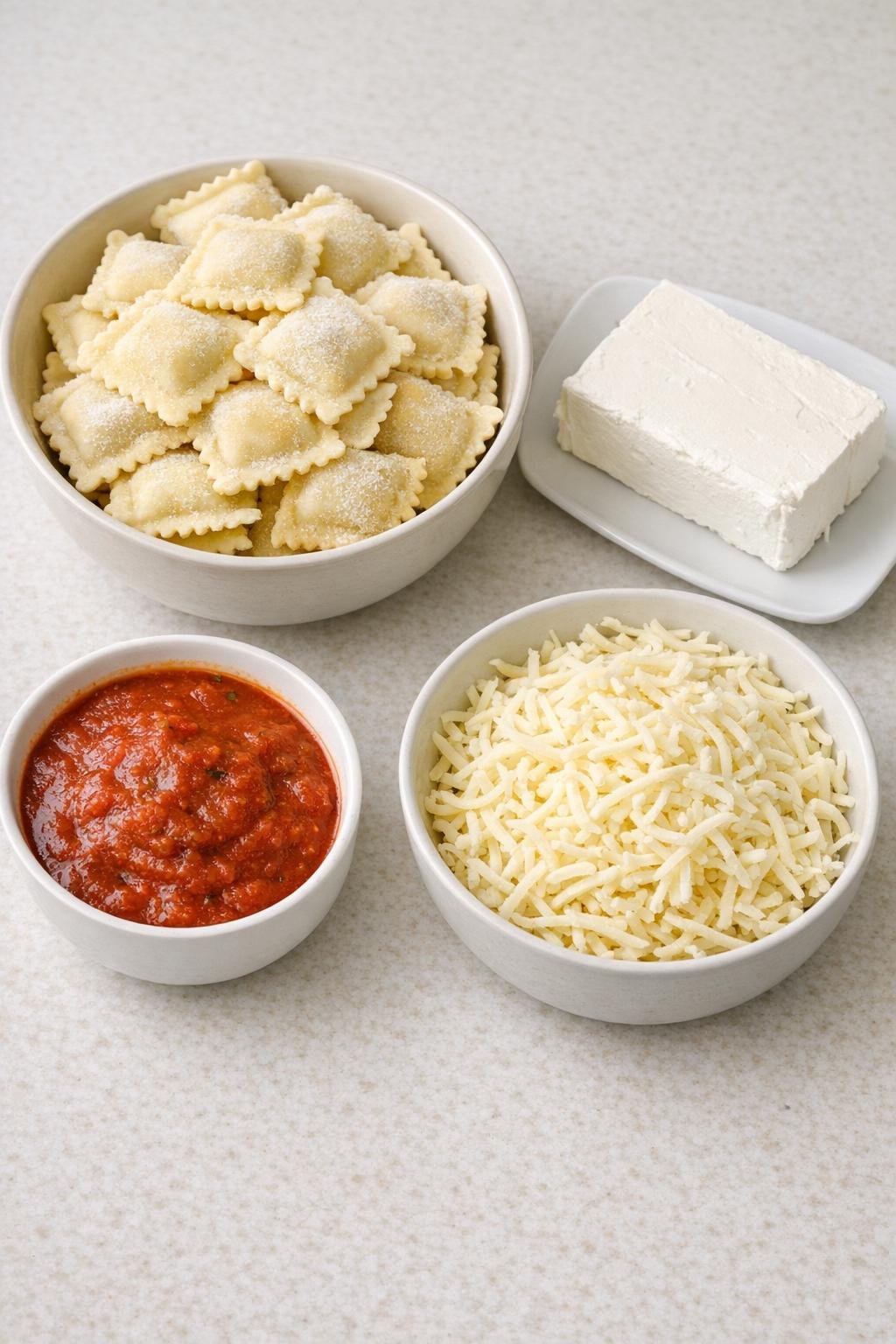 Diepvriesravioli, roomkaas, saus en mozzarella