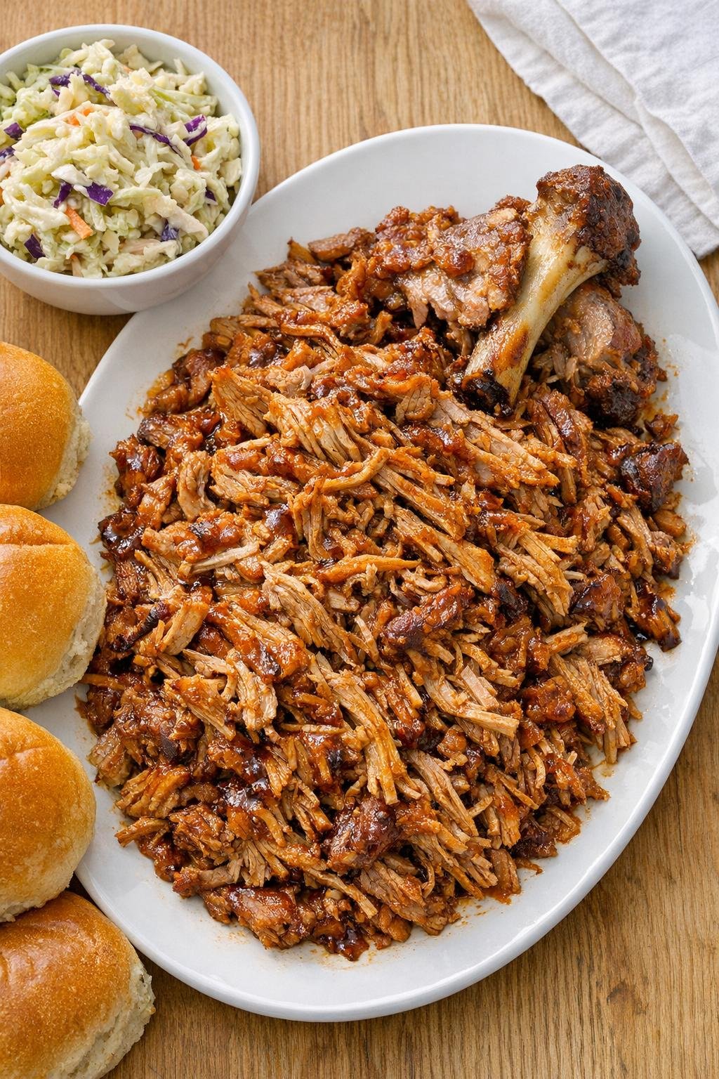 Finished pulled pork on a platter with buns and coleslaw