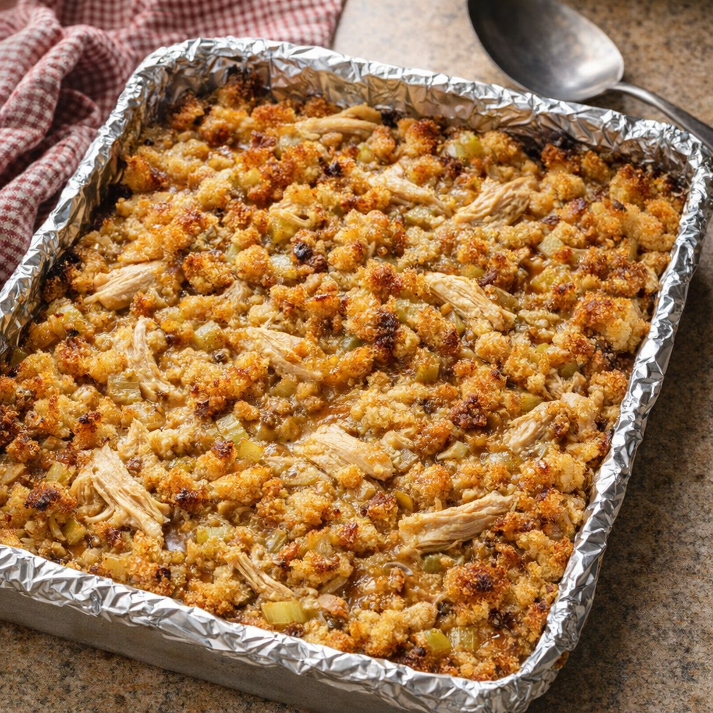 Chicken and stuffing bake in a home kitchen