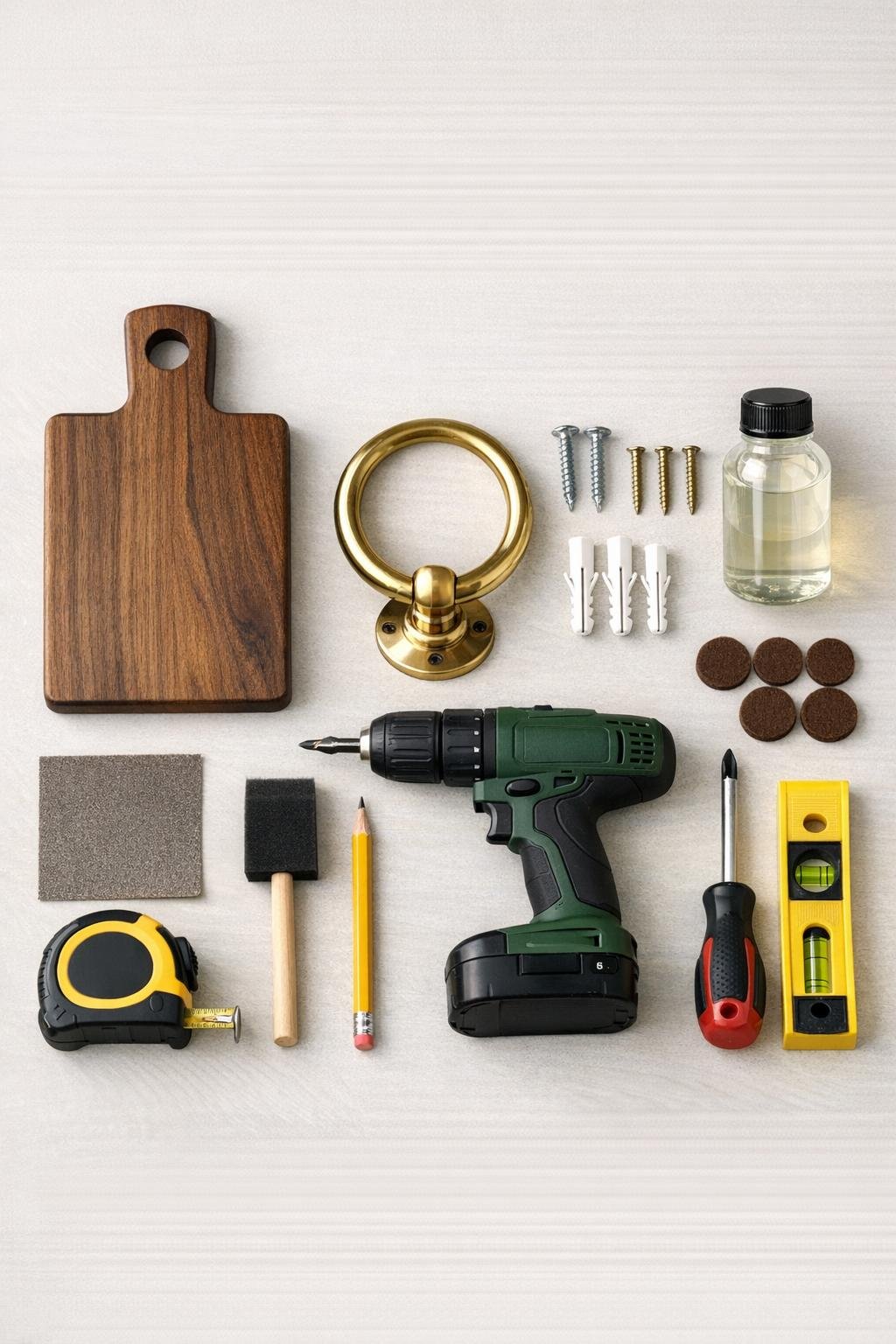 Materials for a DIY bathroom hand towel ring laid out neatly