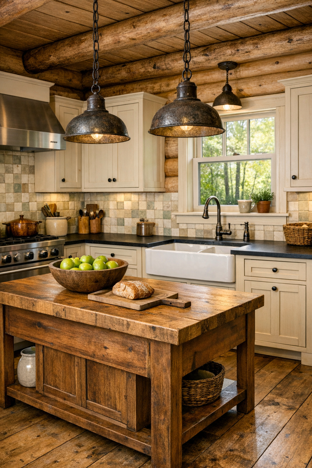 Classic country kitchen with cream cabinets, apron-front sink, and wood island