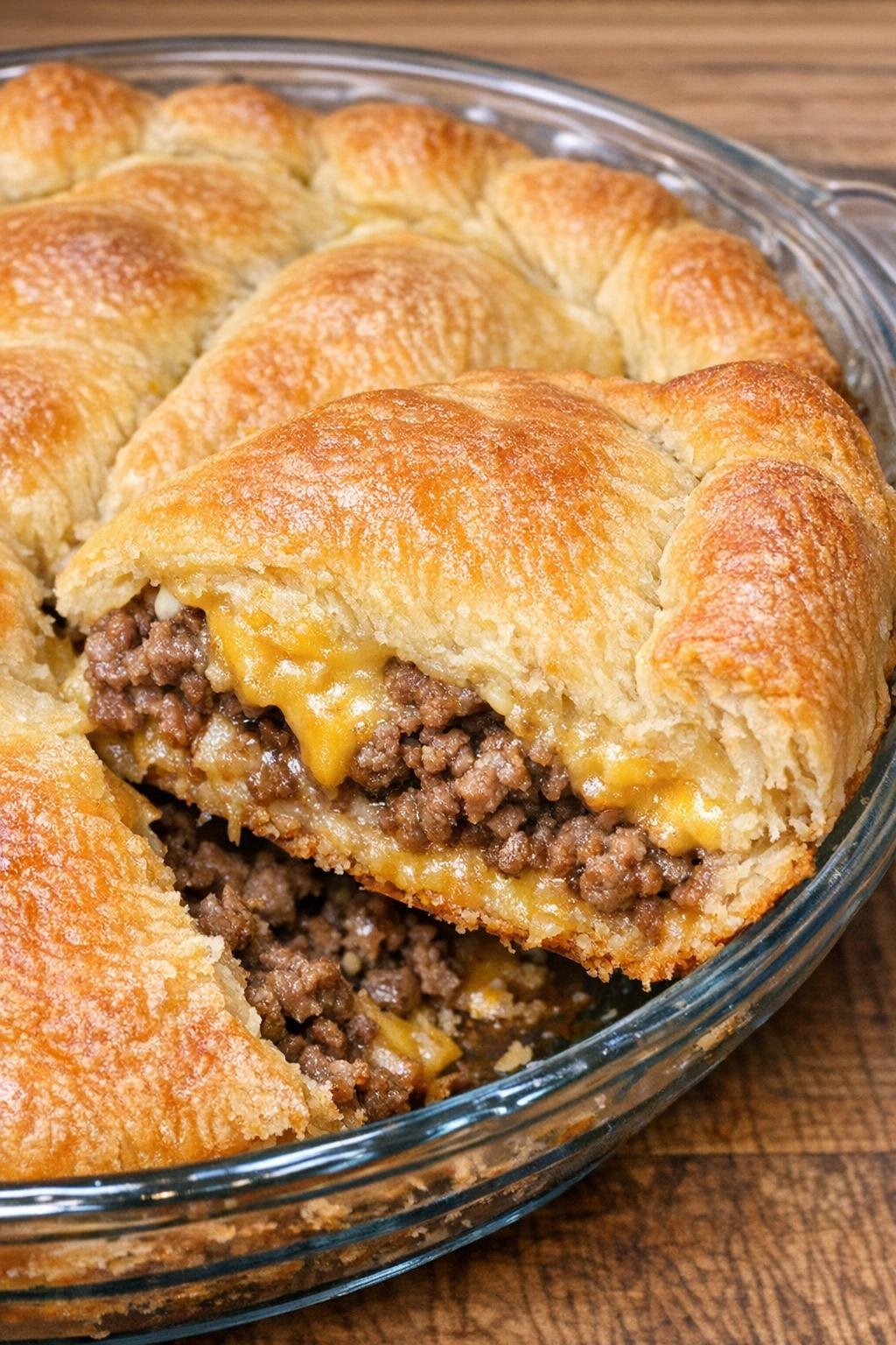 Oven baked 4-ingredient beef crescent pie with golden crescent crust and melted cheese