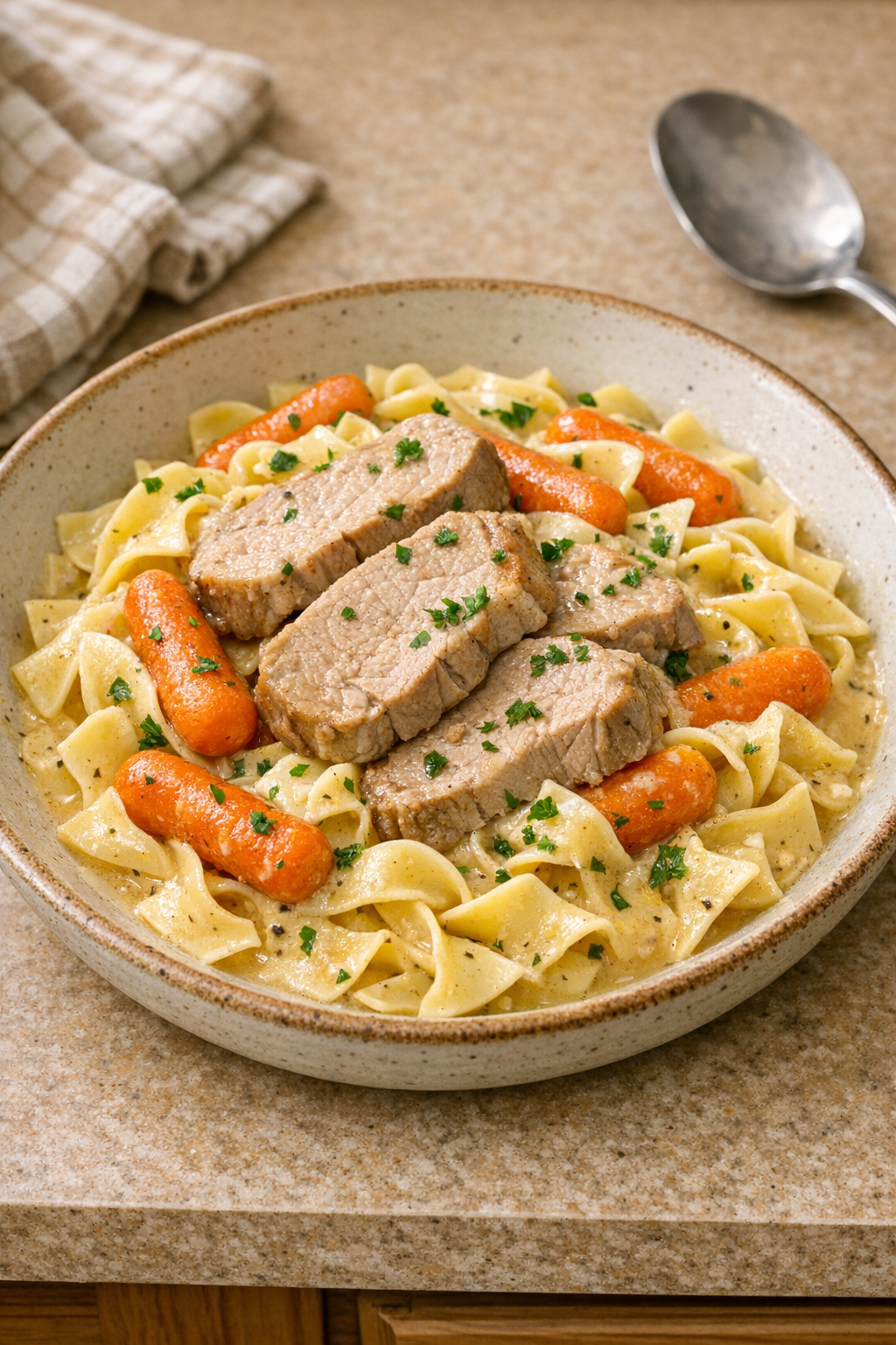 Finished Amish carrot pork pasta plated in a rustic bowl