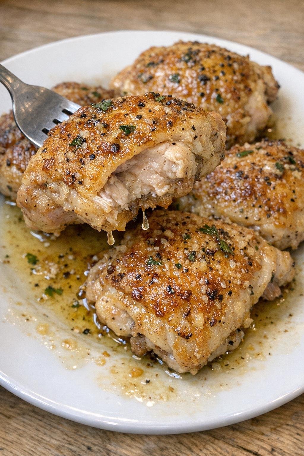 Golden crispy chicken thighs with buttery herbs on a white plate