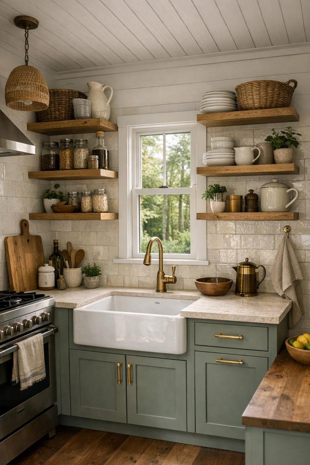 Small cottage-modern kitchen with dusty sage cabinets, oak shelving, handmade tile backsplash, and apron-front sink