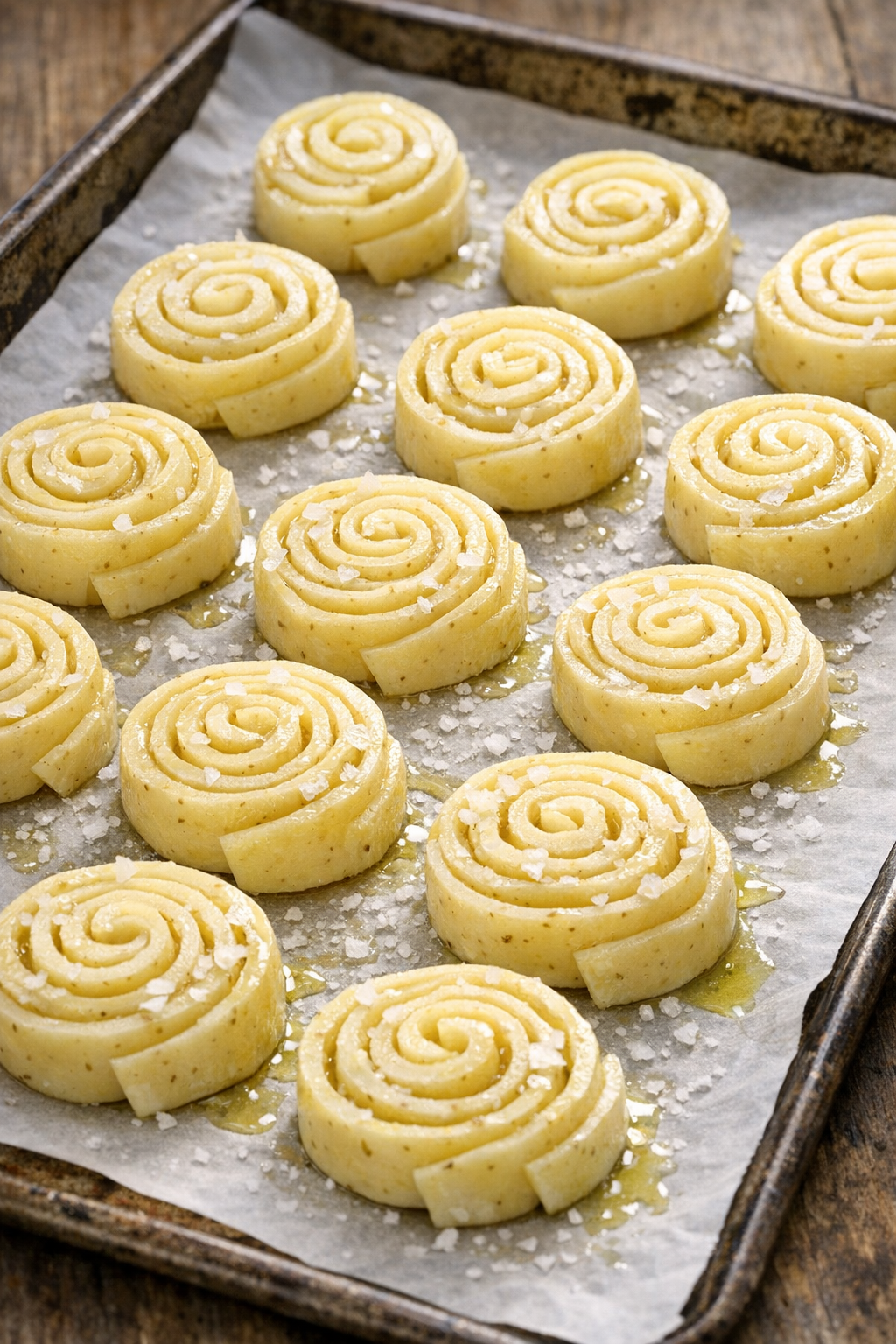 Raw potato pinwheels brushed with olive oil and salt