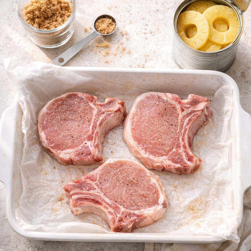 Prepared baking dish with pork chops and pantry ingredients