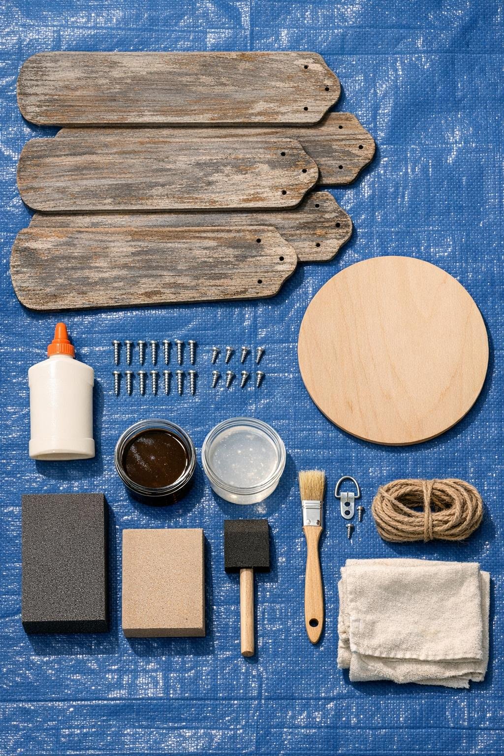 Materials laid out for a ceiling fan blade wall star project