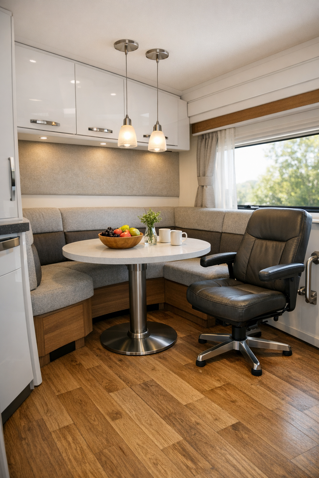 Accessible RV camper dining area with pedestal table, upholstered bench, and warm pendant light