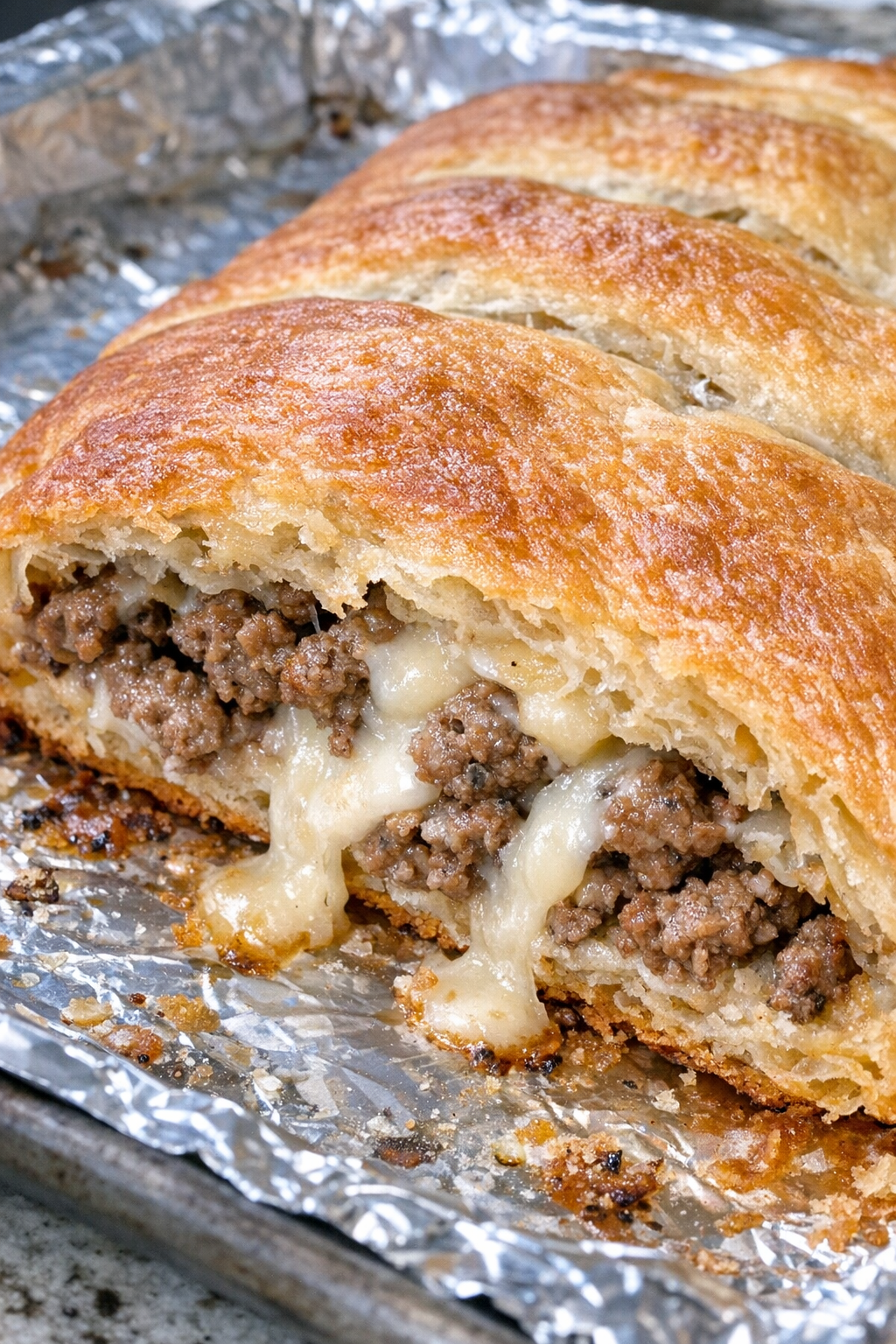 Oven baked beef crescent slab on a foil-lined baking sheet