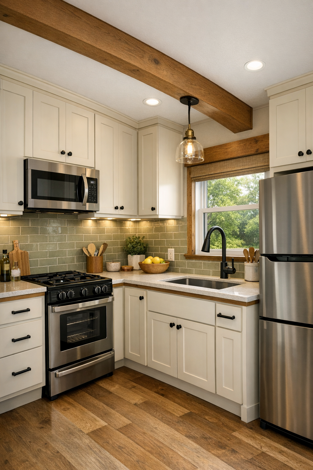 Bright compact kitchen with shaker cabinetry, sage tile backsplash, and warm wood accents