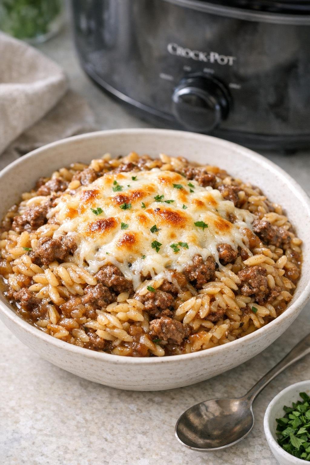 Finished French onion beef and orzo in a serving bowl