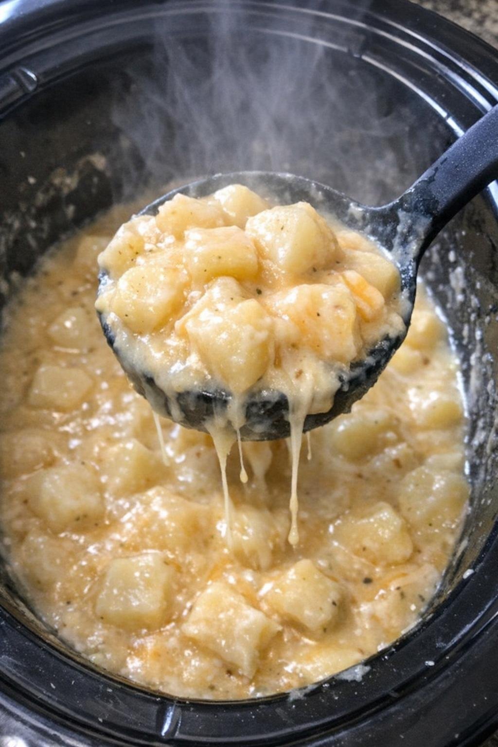 Creamy cubed potatoes in a black slow cooker with melted cheese