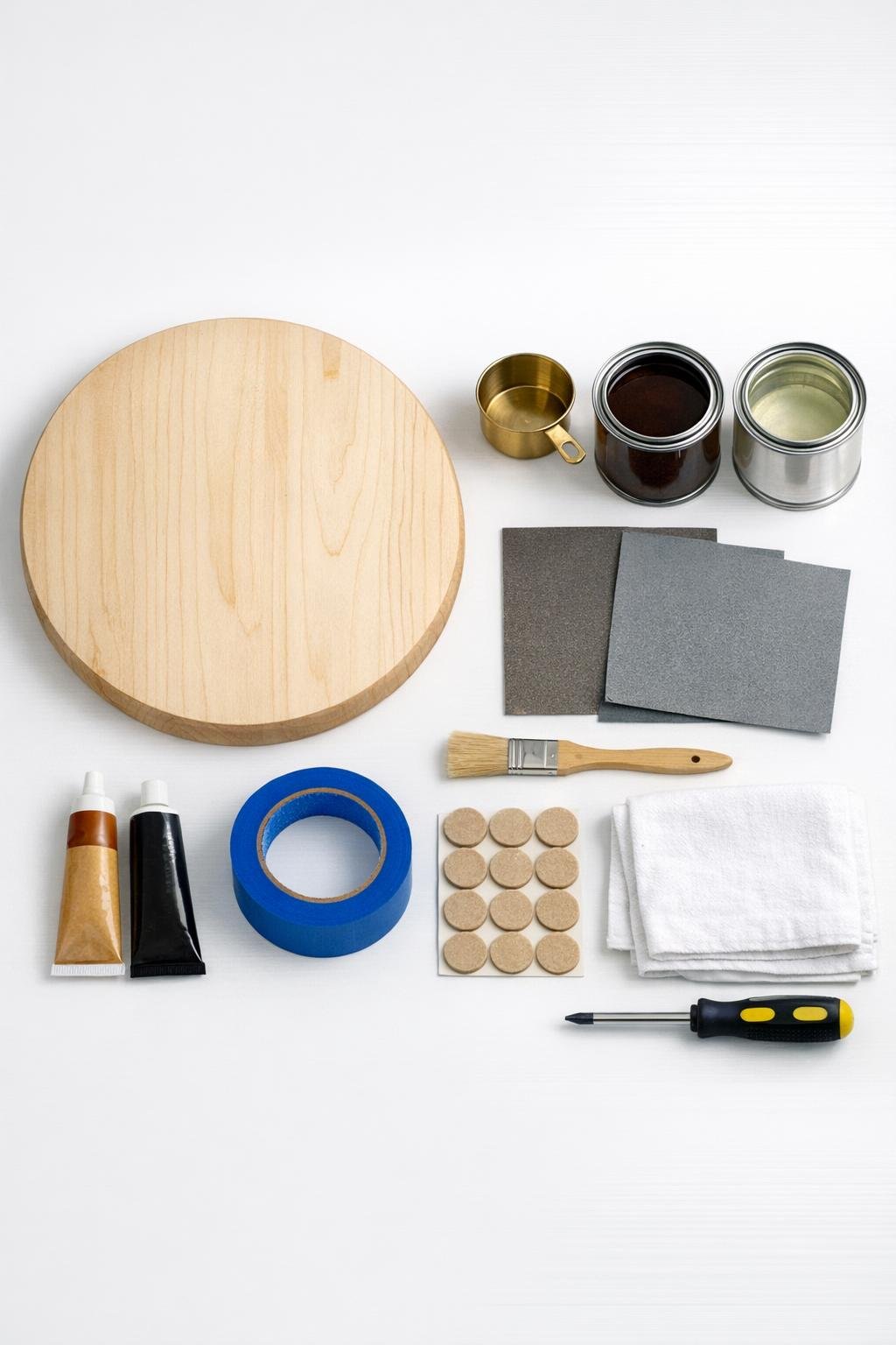 Materials for a wooden lazy susan key bowl project laid out on a table