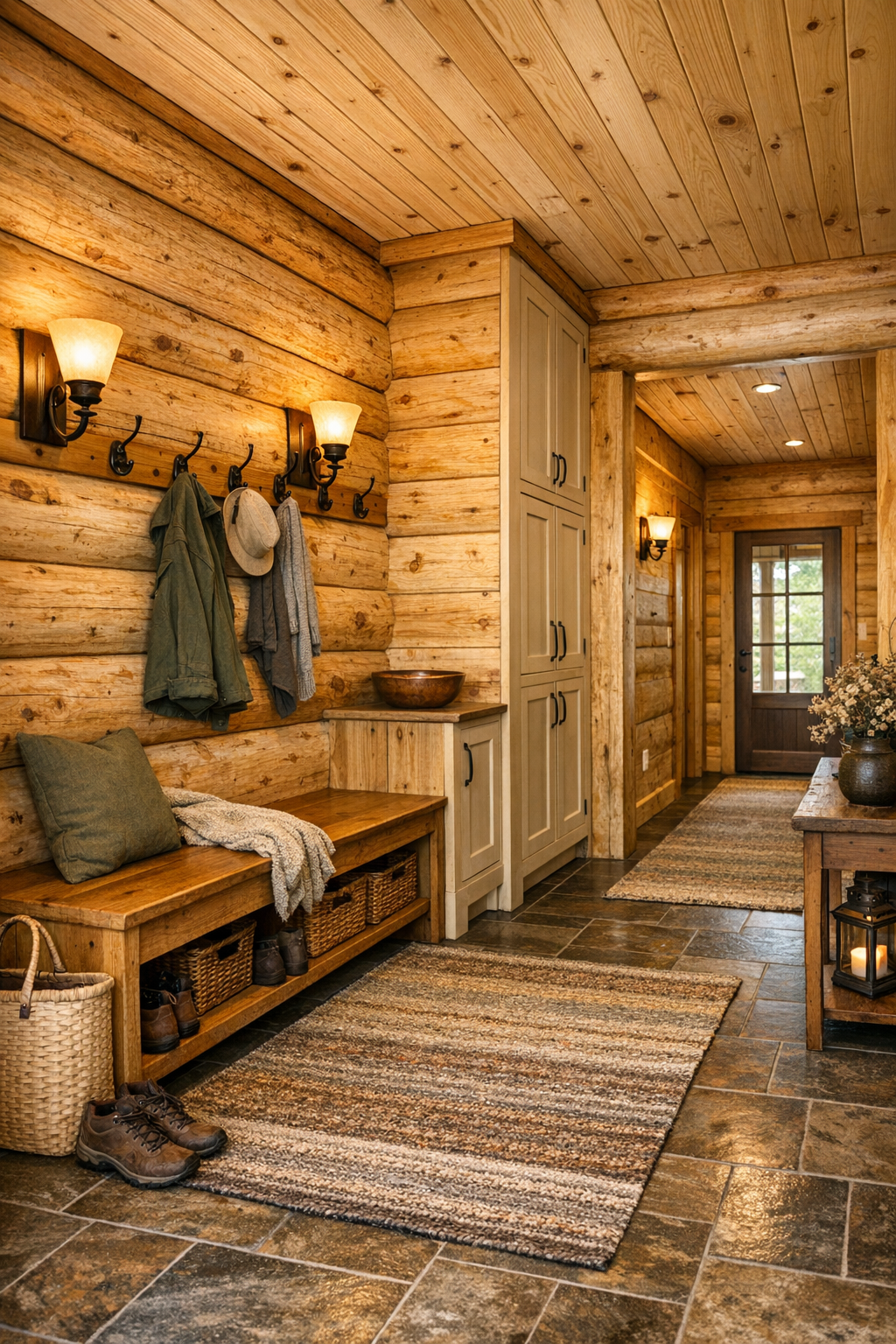 Thoughtful entry and hallway area with bench, hooks, and rustic finishes