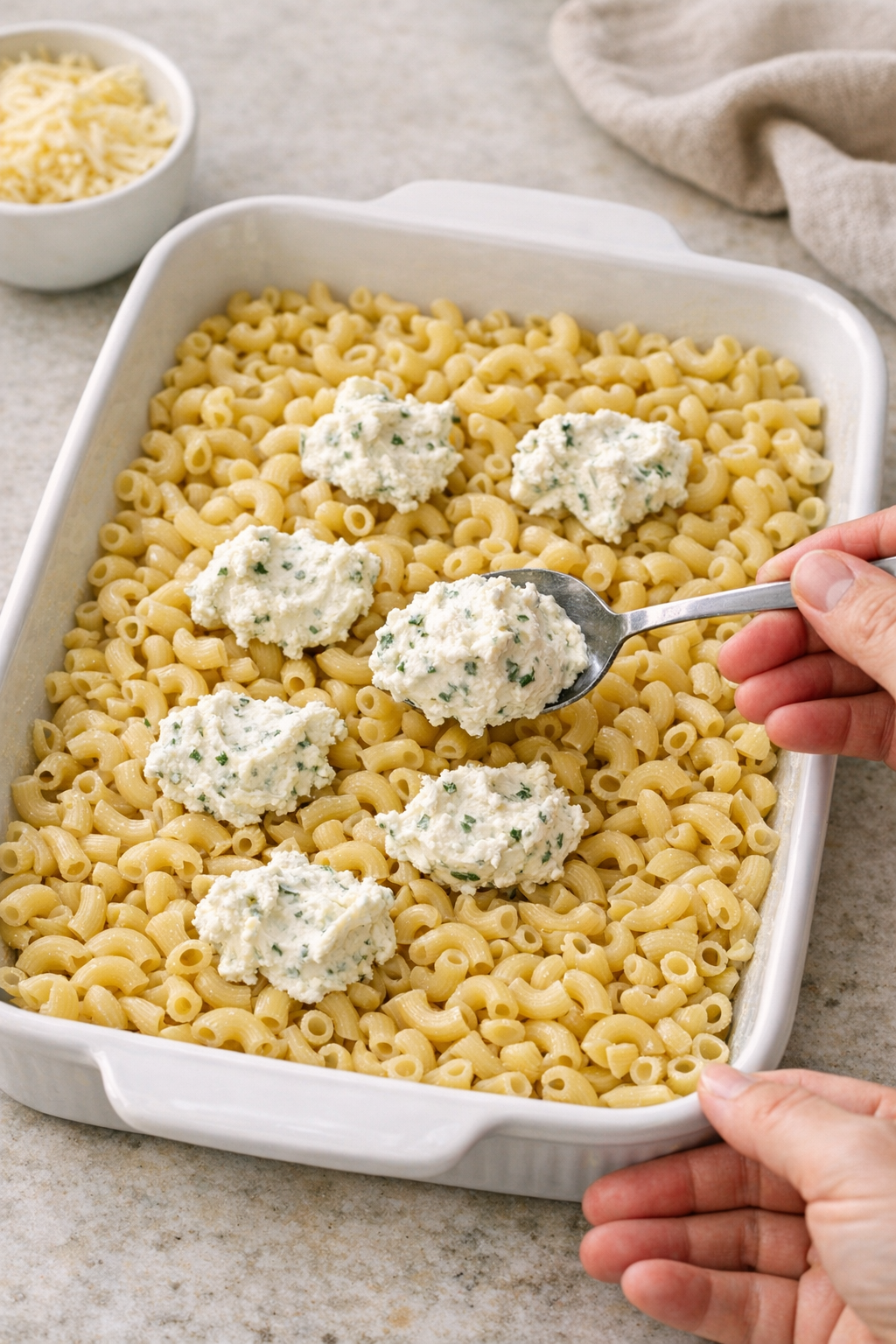 Uncooked elbow macaroni spread in a greased baking dish
