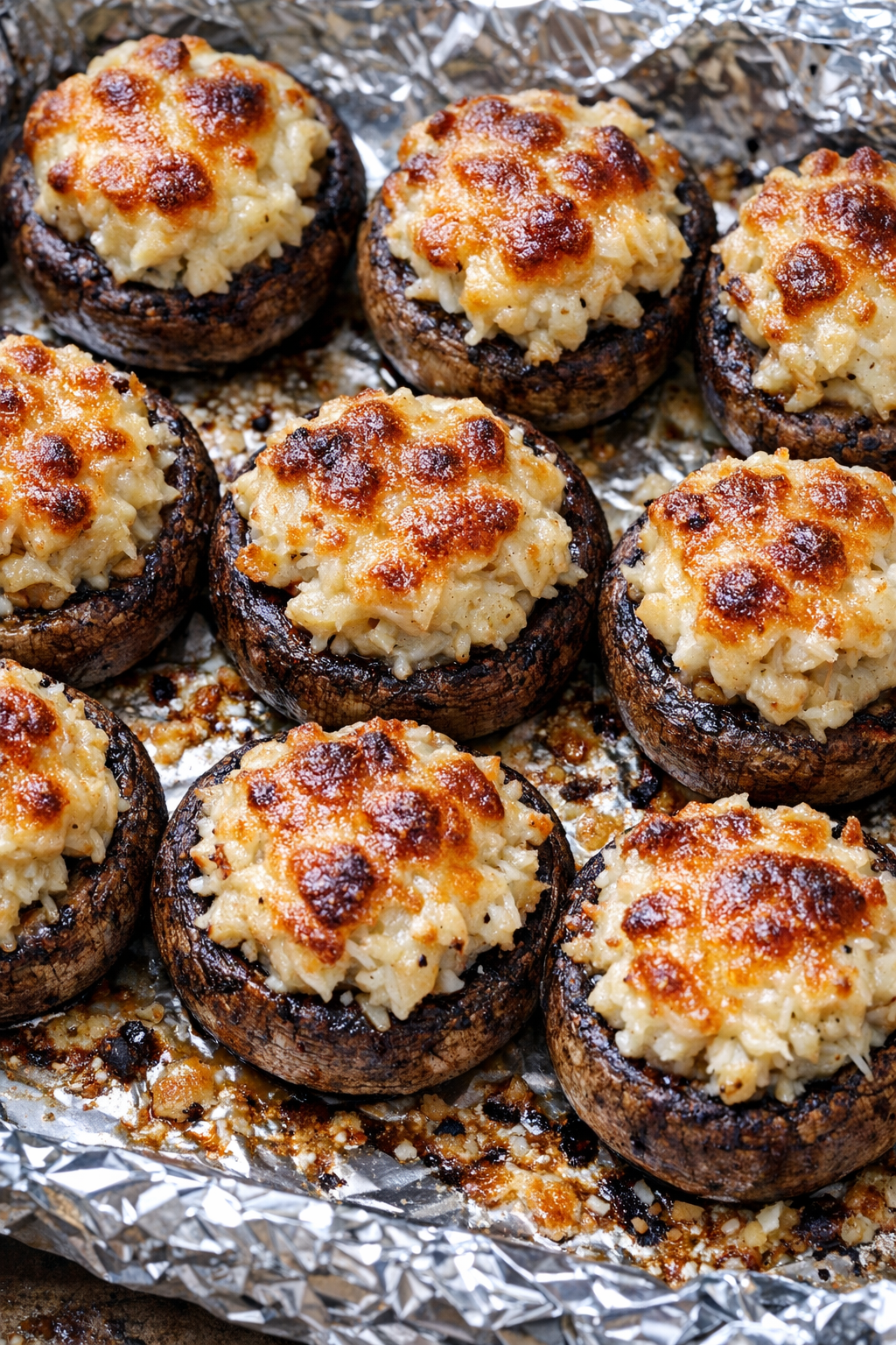 Finished crab mushroom bakes on a foil-lined baking tray