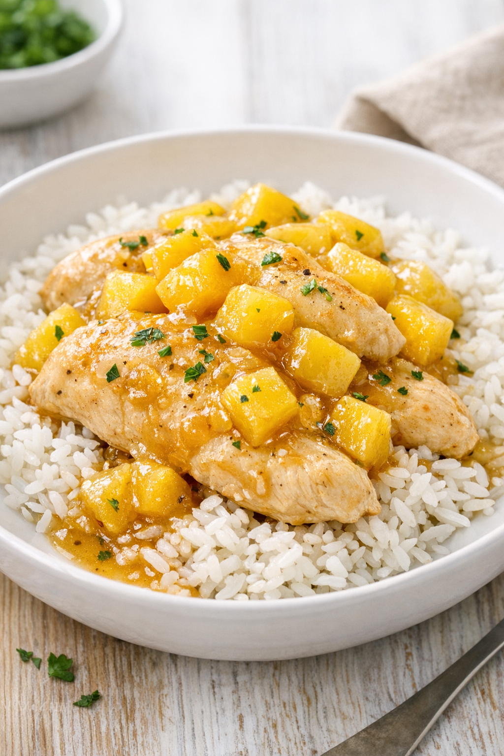 Finished slow cooker chicken with yellow fruit served over rice