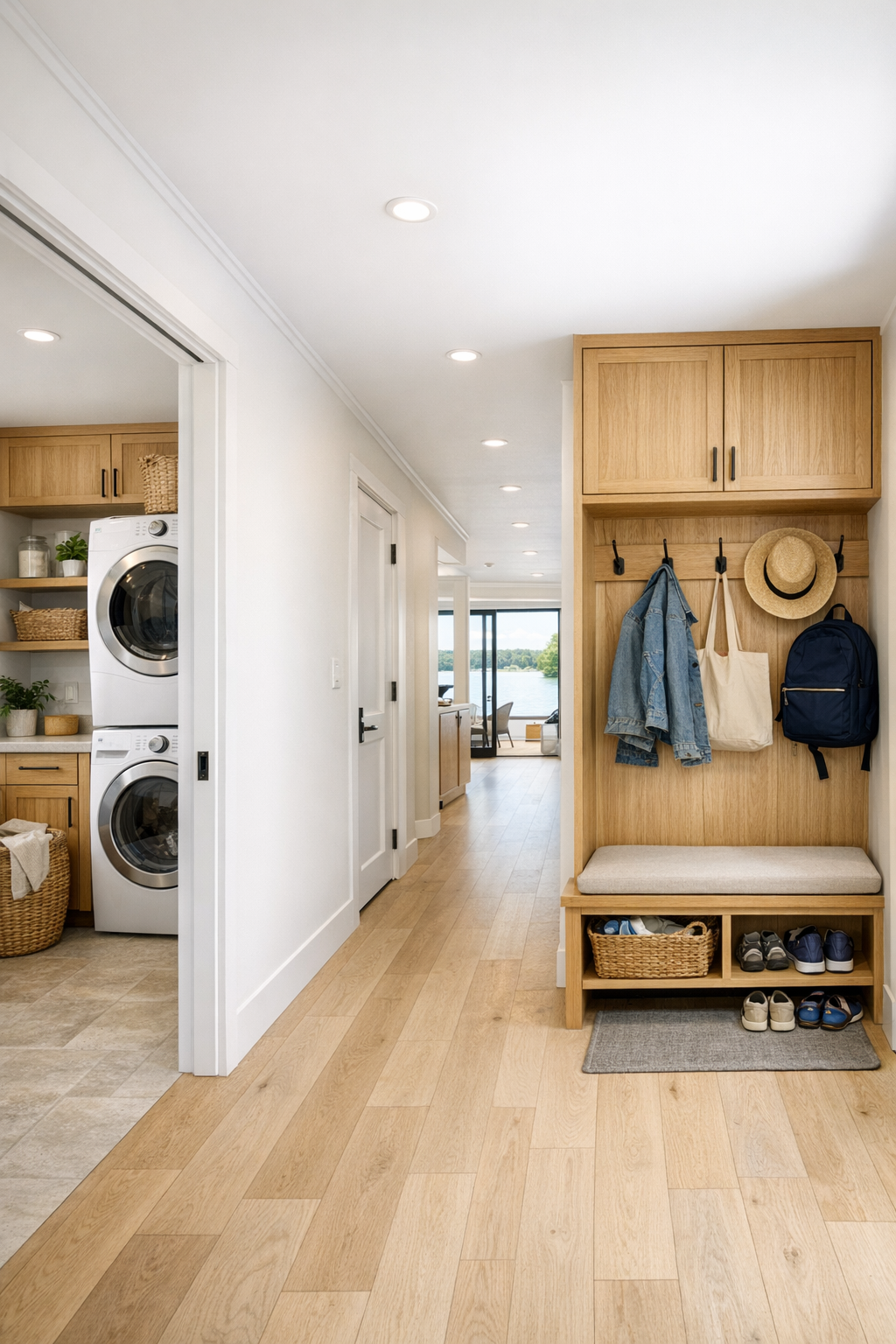 Bright hallway and multipurpose utility area with oak storage and clean accessible lines