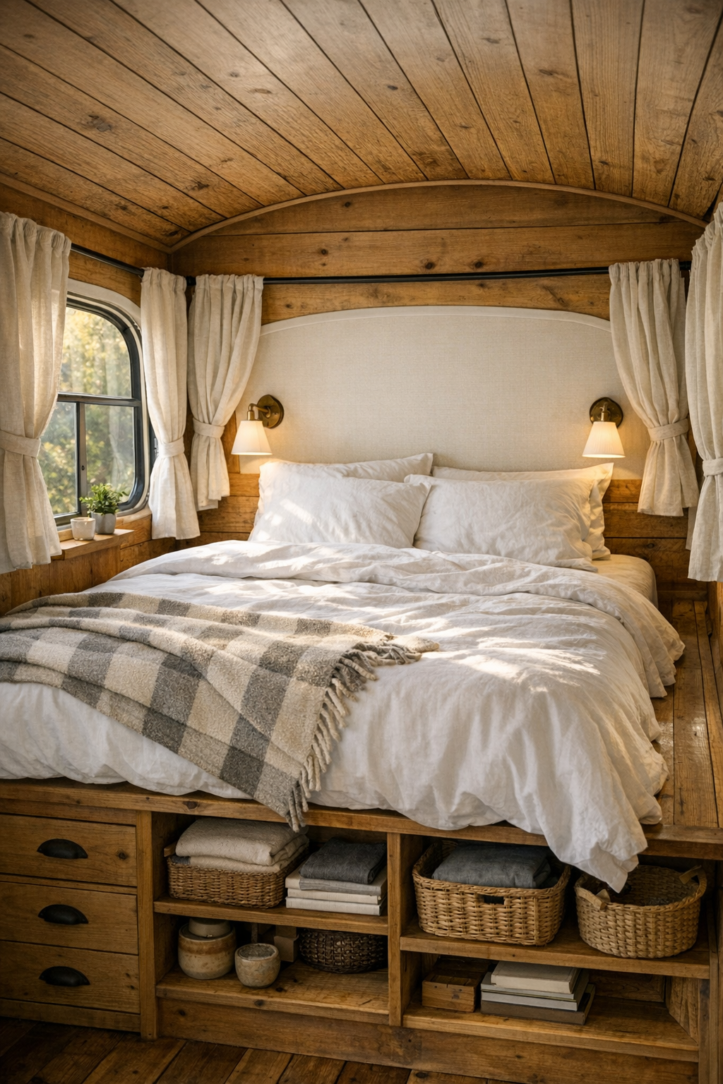 Quiet rear bedroom in the bus with raised bed platform, linen bedding, and warm wood paneling