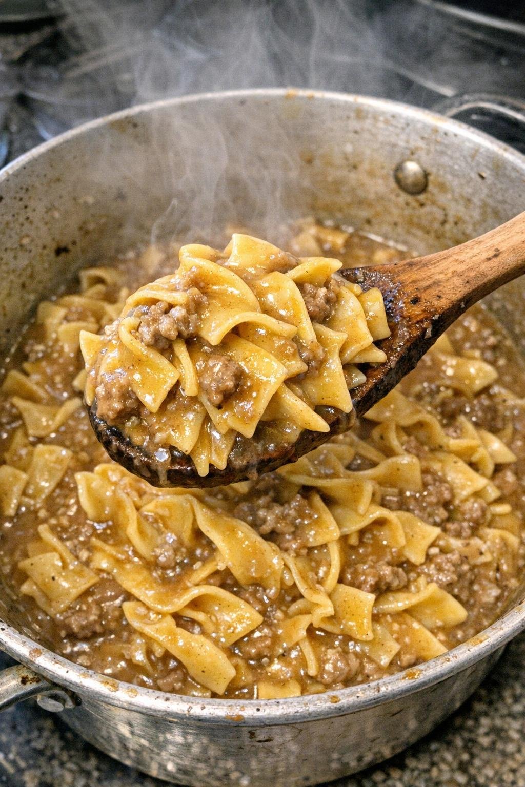 Thick buttery egg noodles in rich brown gravy in a dented pot