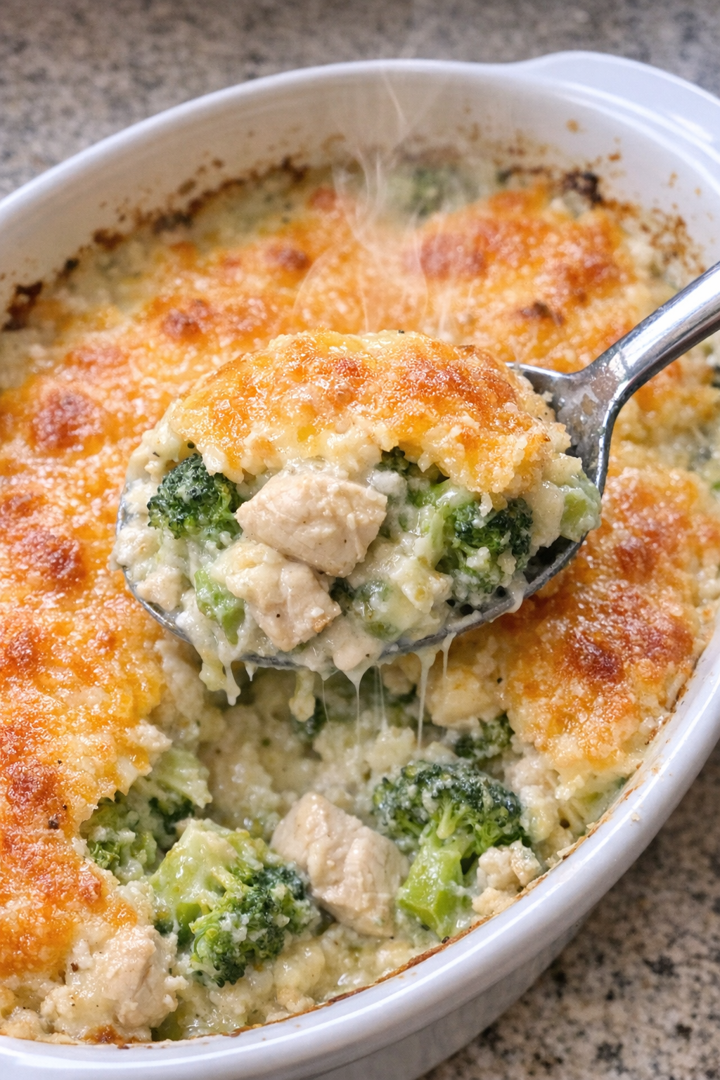 Chicken divan casserole in white oval dish