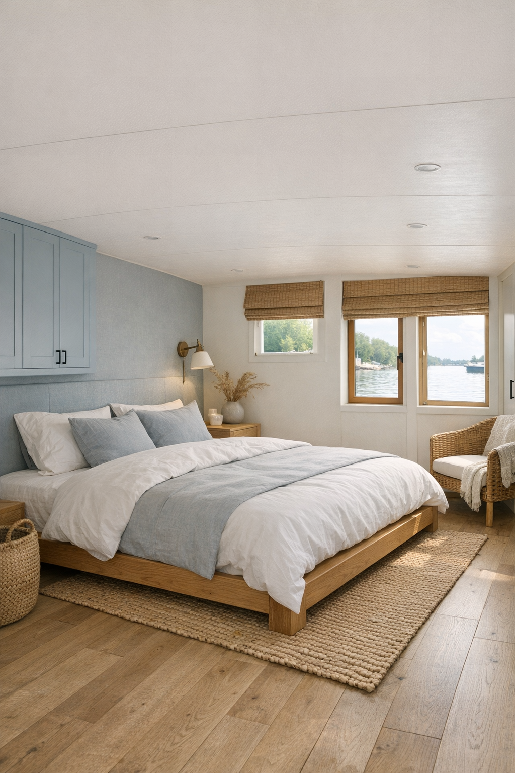 Calm coastal bedroom with low oak bed and soft blue-gray accents