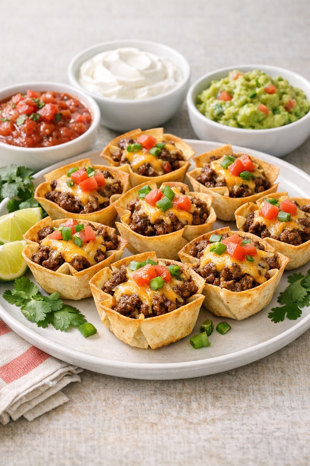 Finished beef taco cups plated with simple toppings
