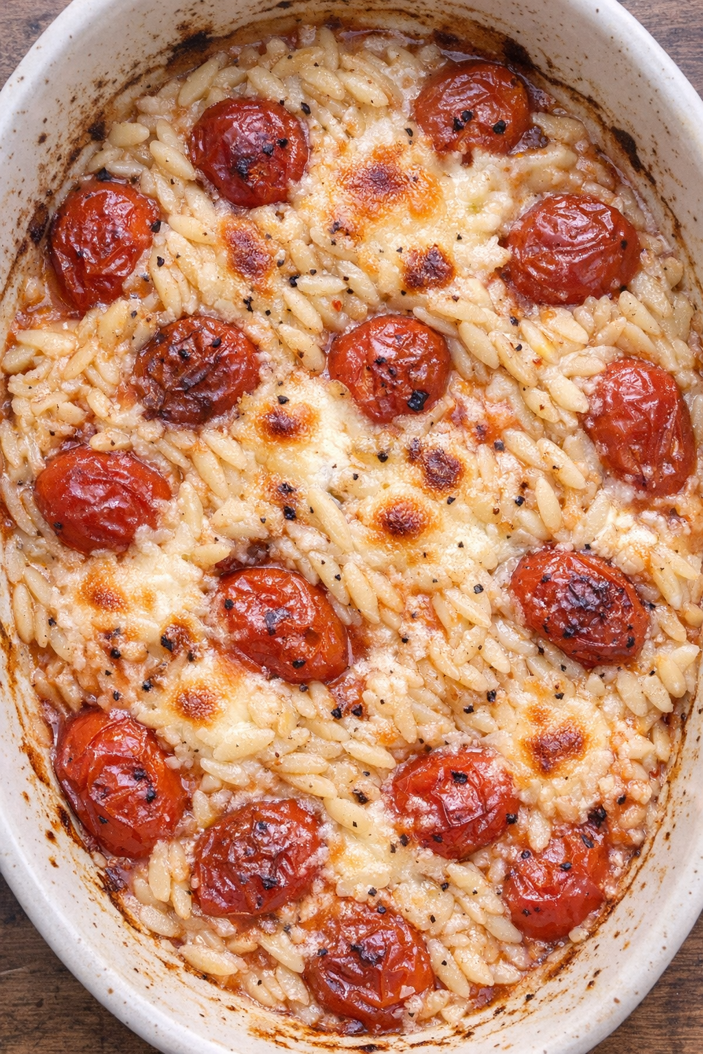 Creamy baked orzo with roasted grape tomatoes and melted cheese