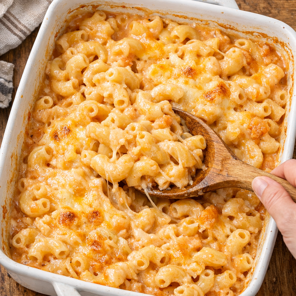 Partially baked macaroni being stirred in the baking dish