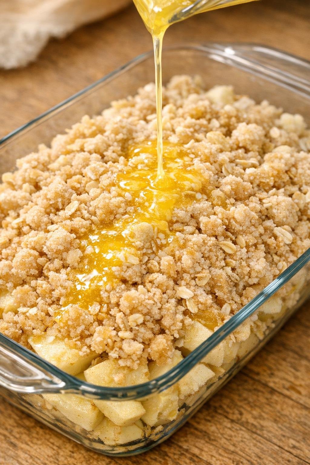 Melted butter drizzled over the apple topping before baking