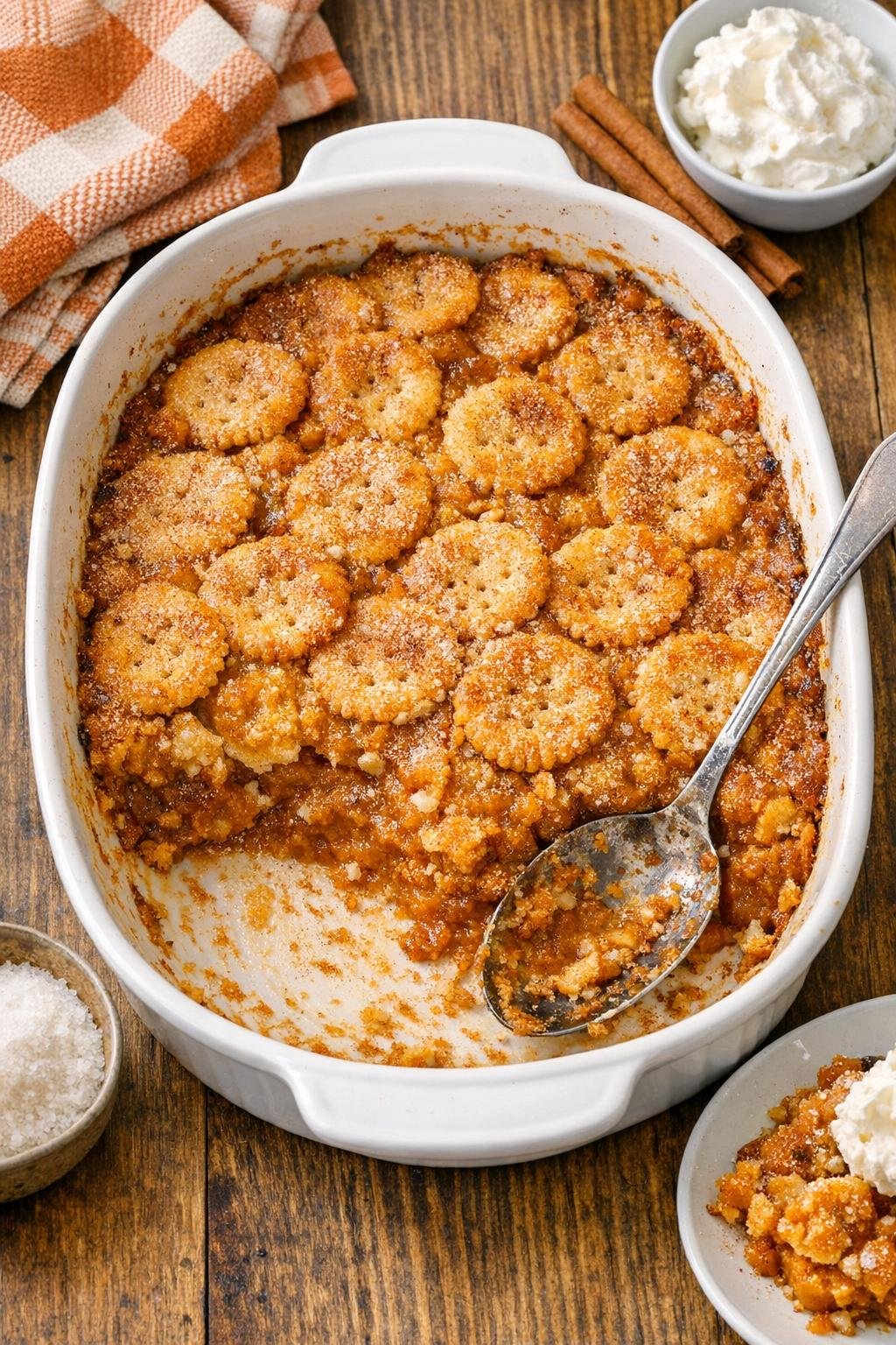 Finished baked pumpkin cracker dessert in a ceramic baking dish