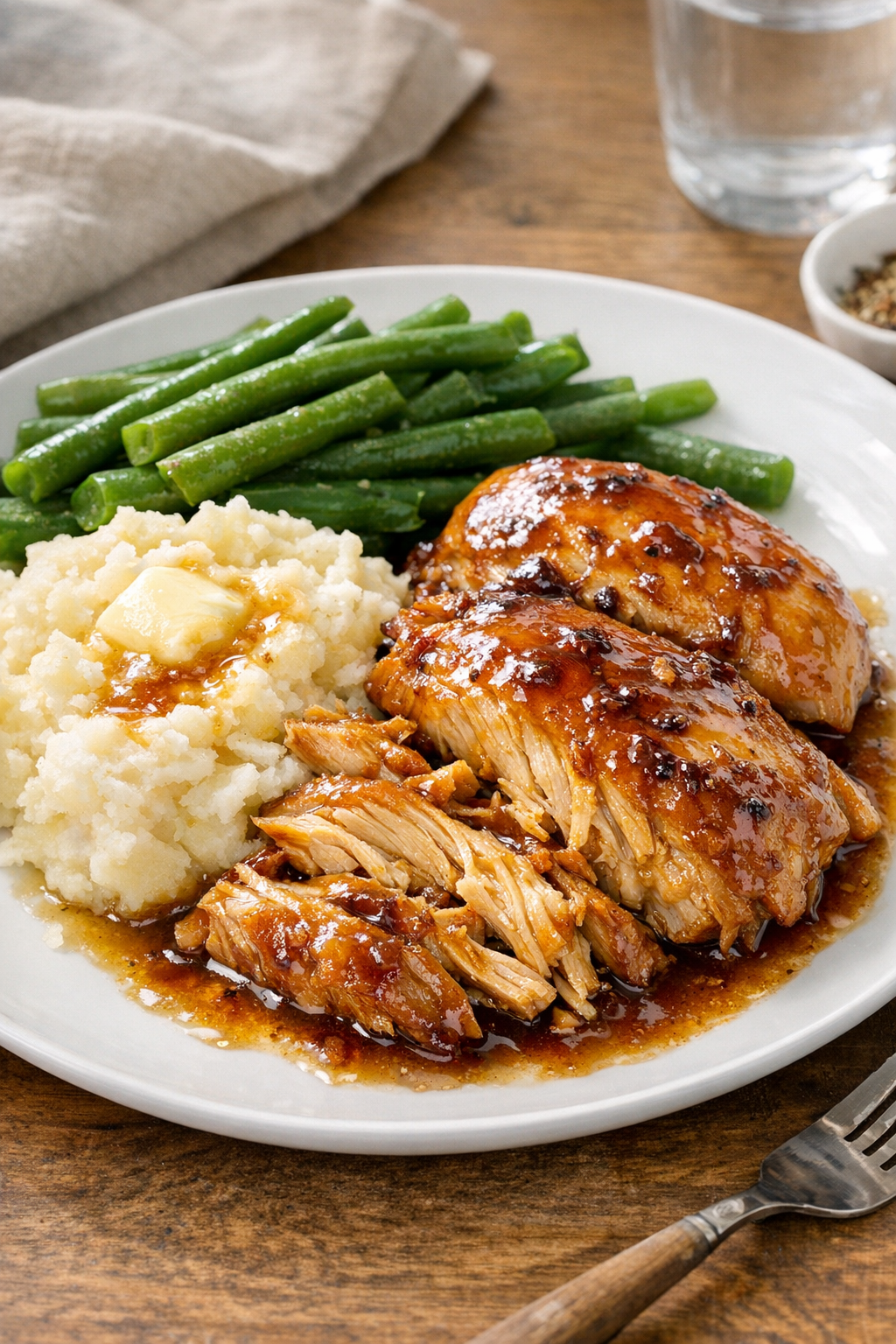 Plated maple chicken with mashed potatoes and green beans