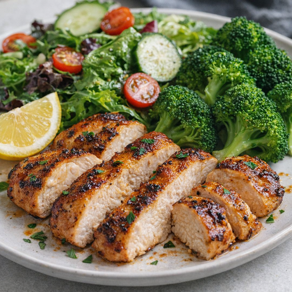 Chicken tenderloins served with fresh salad and broccoli