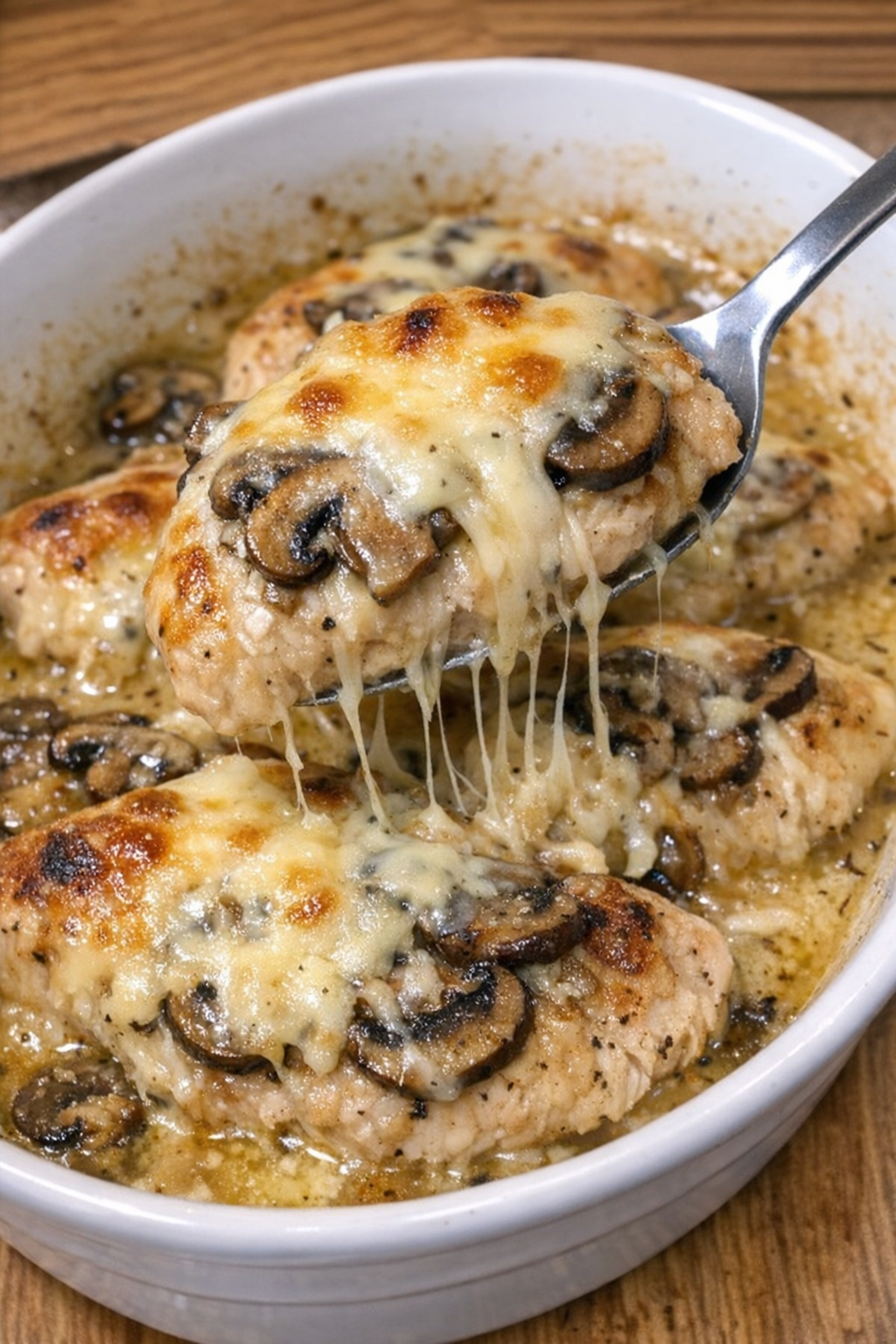 Golden baked chicken lombardy in a white casserole dish
