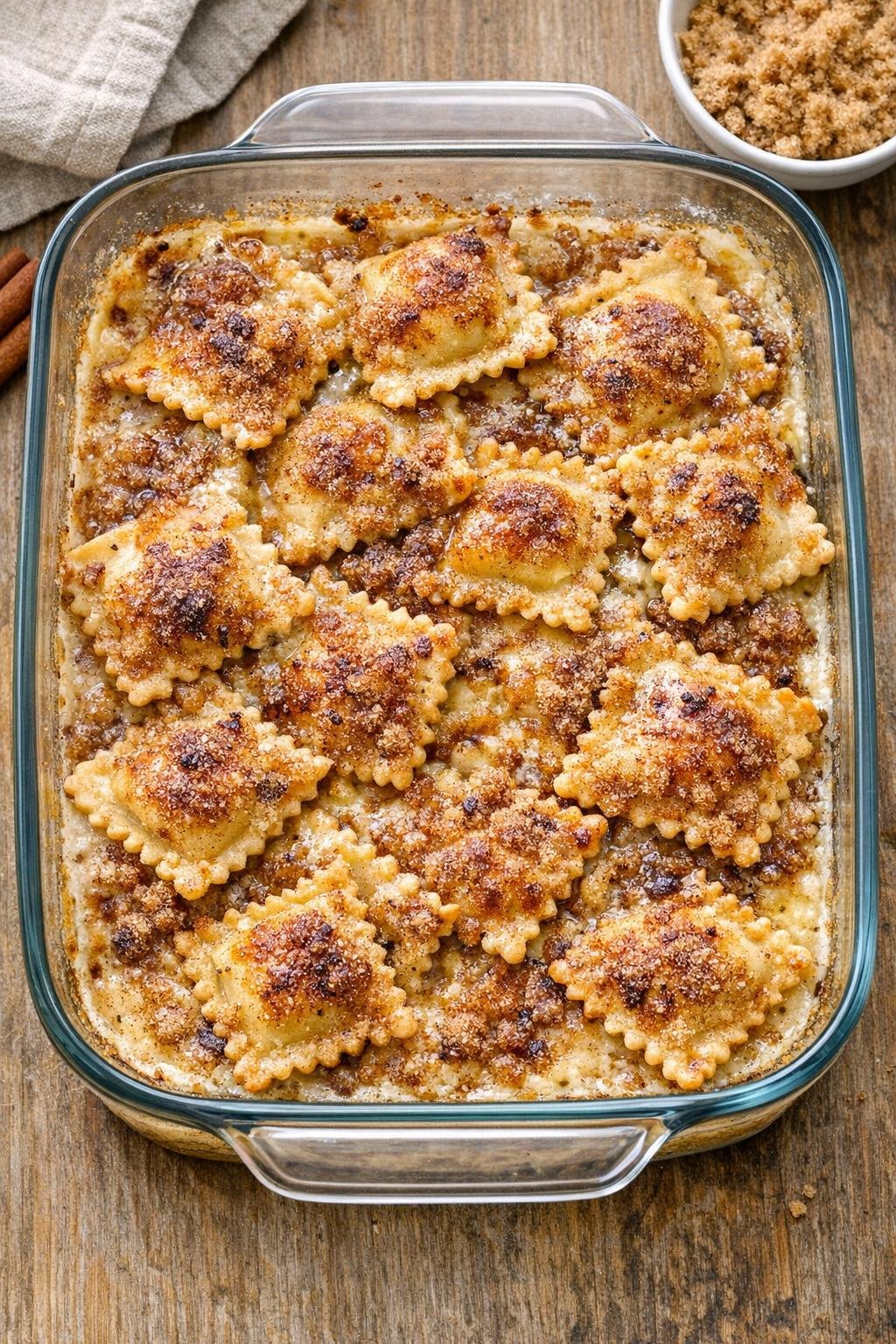 Finished baked sweet ravioli dessert in a glass casserole dish