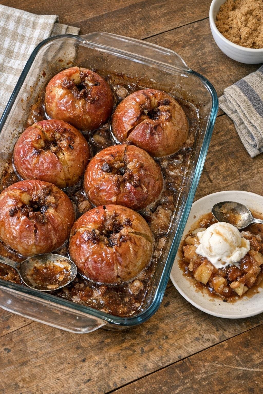 Baked whole apples in a glass baking dish