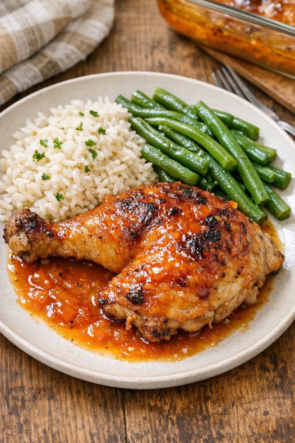 Finished autumn harvest chicken plated with glossy orange glaze
