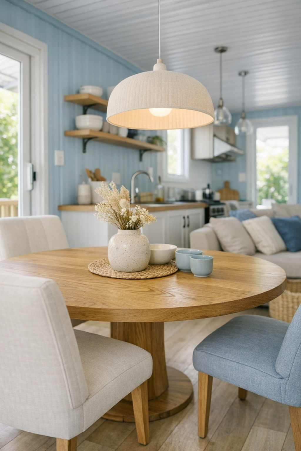 Open dining area with round oak table, upholstered chairs, and soft pendant lighting