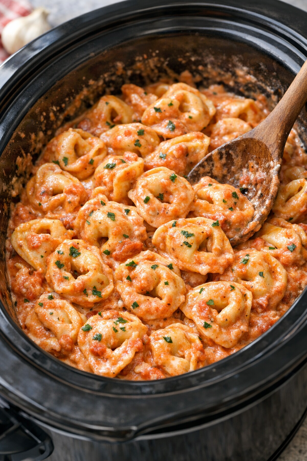 Cooked tortellini stirred into a creamy tomato sauce