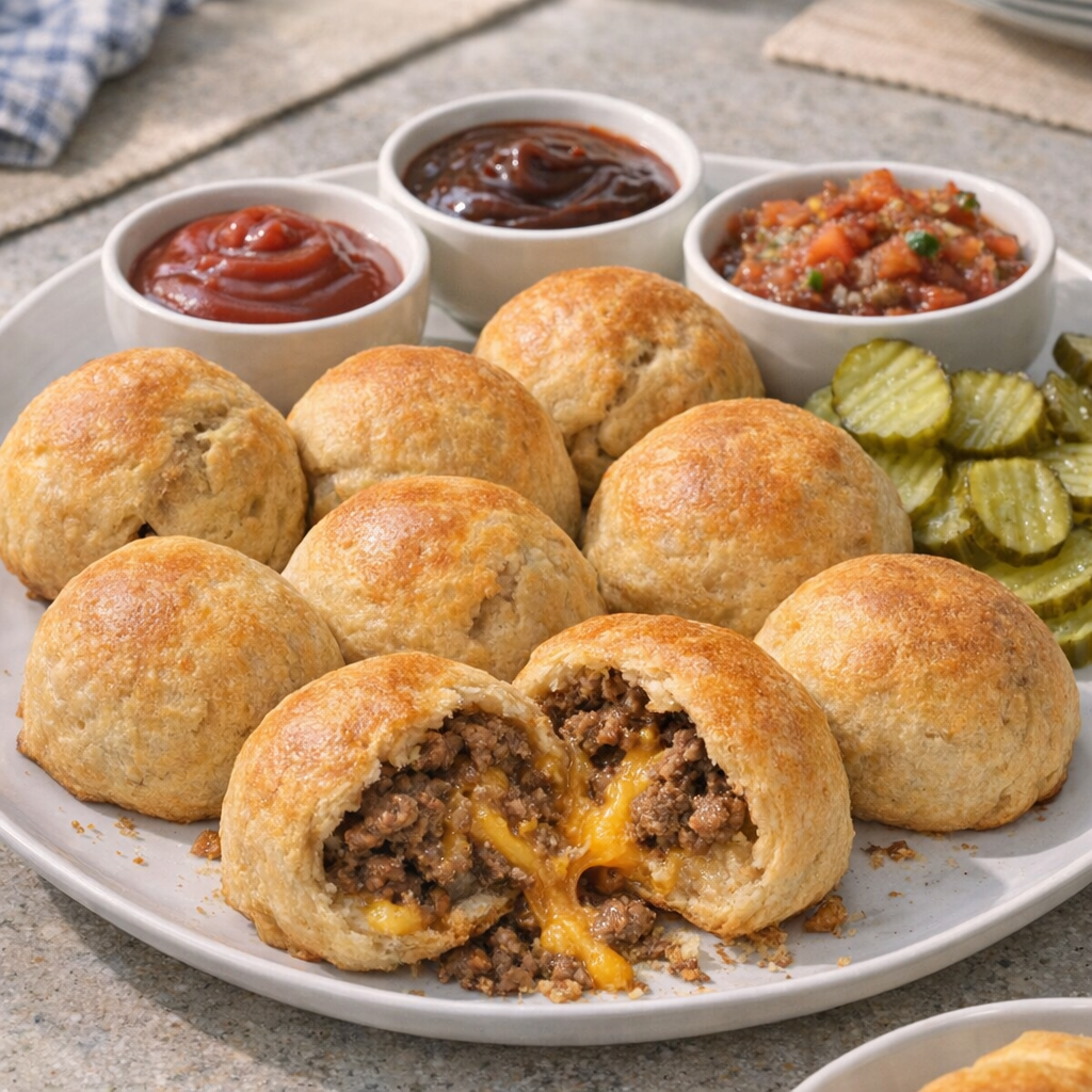 Crescent puffs served with dipping sauces and pickles