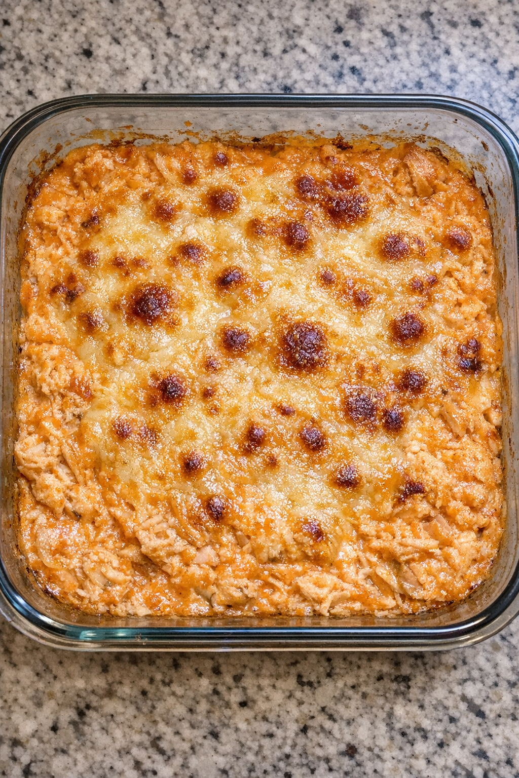Finished buffalo chicken dip in a glass container